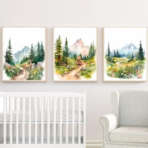 Mountain Nursery Prints Set of 3, Woodland Nursery Decor, Forest Animal Print, Alpine Meadows Boy Nursery, Printable Nursery Wall Art