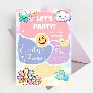 May include: A pink, purple and yellow birthday party invitation featuring a cartoon smiley face, a star, a heart and a cloud. The invitation reads "Let's Party!" and "Emily's 12th Birthday". It also includes the date, time and location of the party.