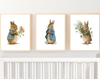 Peter Rabbit Inspired Watercolor Prints Set of 3, Nursery Art, Kids Room Decor, Nursery Wall Art, Baby Shower Gift, Easter Gift - Printable