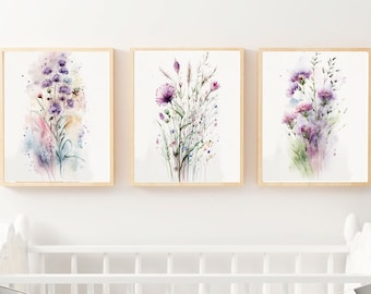 Set of 3 Flower Prints | Watercolor Floral Wall Art | Enchanting Wildflowers | Botanical Art | Girl Nursery Decor | Floral Home | Printable