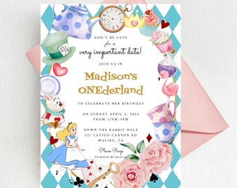 May include: Alice in Wonderland themed birthday party invitation with a blue and white checkered background. The invitation features a teacup, a pocket watch, a crown, a cupcake, a flamingo, a playing card, a key, and a rose. The text on the invitation reads "Don't be late for a very important date! Join us in Madison's ONEderland to celebrate her birthday on Sunday April 6, 2024 from 12PM-4PM Down the Rabbit Hole 327 Latigo Canyon Rd Malibu, CA Please RSVP to Kelly by 04.01.24"