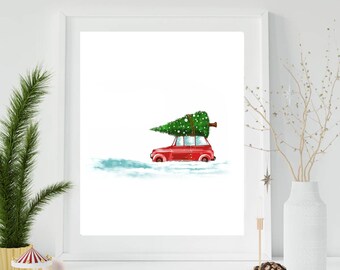 Winter Bauernhaus Weihnachtsdruck, roter LKW Weihnachtsbaum Druck, Feiertagsdekoration, Weihnachtswandkunst - SOFORTIGER DOWNLOAD