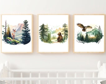 Mountain Nursery Watercolor Prints Set of 3, Woodland Nursery Decor, Forest Animal Nursery Prints, Boy Nursery, Printable Nursery Wall Art