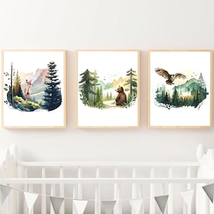Mountain Nursery Watercolor Prints Set of 3, Woodland Nursery Decor, Forest Animal Nursery Prints, Boy Nursery, Printable Nursery Wall Art