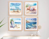 Calm Coastal Gallery Wall Art Set of 4 | Tropical Beach Prints for Living Room| Nautical Home Décor Digital Print | Square Collage | TOBL1