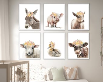 Set of 6 Farm Animals Nursery Prints, Baby Farm Animals Nursery Décor,  Boho Girl Nursery Wall Art, Baby Animal Prints, Baby Shower Gift