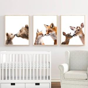 Woodland Nursery Art Prints, Set of 3 Woodland Nursery Decor, Baby and Mama Forest Nursery Decor, Boy Nursery Wall Art, Printable Download