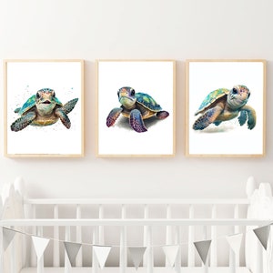 Set of 3 Sea Turtle Prints, Ocean Themed Nursery Decor, Watercolor Baby Turtle, Nursery Wall Art, Kids Room Décor - Printable