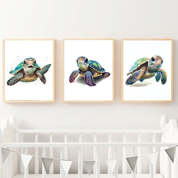 Set van 3 zeeschildpadafdrukken, kinderkamer decor met oceaan thema, aquarel babyschildpad, kinderkamer kunst aan de muur, kinderkamer decor - afdrukbaar