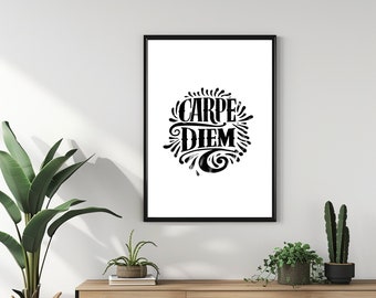 Carpe Diem Minimalist Poster Print, Trendy Living Room Décor, Retro Quote Art, Groovy Aesthetic Apartment Wall Art, Digital Download