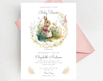 Peter Rabbit Inspired Watercolor Baby Shower Invitation, Girl Baby Shower Invite, Spring Baby Sprinkle, Easter Invitation - Printable