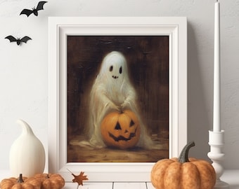 かわいいゴーストの肖像画とカボチャのウォールアート絵画プリント、ヴィンテージハロウィンホームデコレーション、ゴーストとジャックオーランタンのプリント、ハロウィンウォールデコレーション