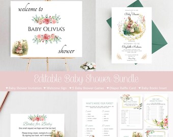 Paquete de baby shower inspirado en Peter Rabbit, cartel de bienvenida de Spring Baby Sprinkle, juegos de baby shower imprimibles, descarga de plantilla editable