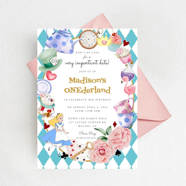 Alice in Wonderland Birthday Invitation Template, Instant Editable Alice in Onederland 1st Birthday Invitations, Mad Hatter Tea Party AW111