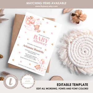 Teddy Bear Balloons Baby Shower Invitation Template, Editable Template, Girl Baby Shower Invitations, Printable Invite - INSTANT DOWNLOAD