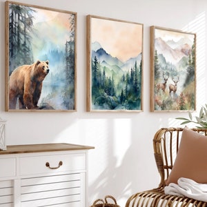 Woodland Nursery Wall Art Prints Set of 3, Mountain Wall Art for Nursery, Tree Nursery Décor, Watercolor Forest Nursery, Landscape Prints
