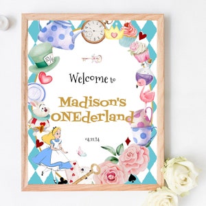 Alice in Wonderland Welcome Sign Template, Instant Editable Alice in Onederland Girl 1st Birthday Sign, Mad Hatter Tea Party Sign AW111