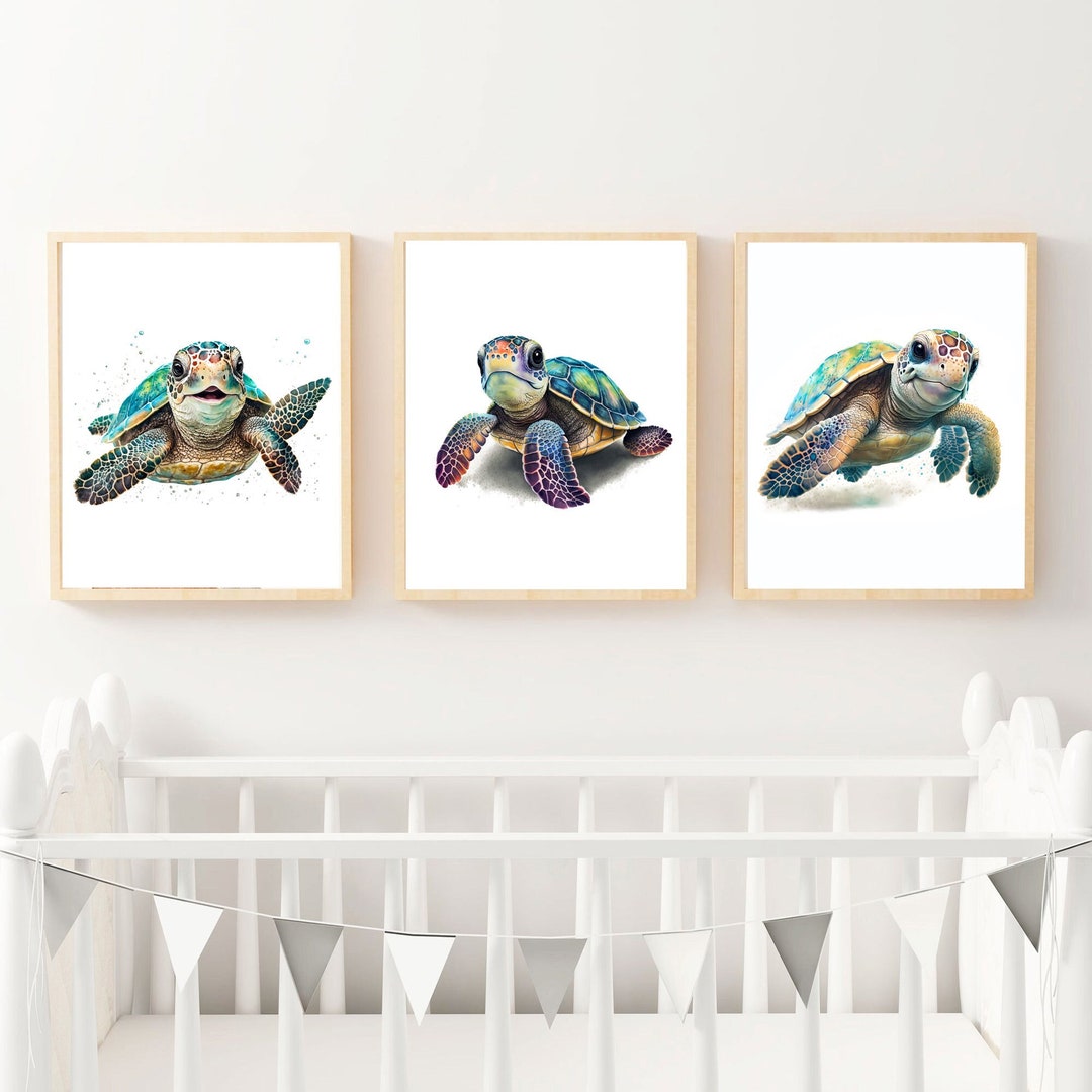 Set of 3 Sea Turtle Prints, Ocean Themed Nursery Decor, Watercolor Baby