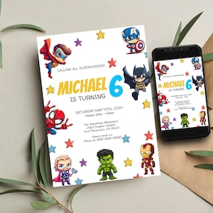 Editable Superhero Birthday Invitation Template, Instant Printable Birthday Party Invitations, Kids Party Invite, Boy Birthday Party - SPR11