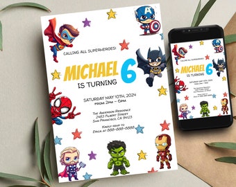Editable Superhero Birthday Invitation Template, Instant Printable Birthday Party Invitations, Kids Party Invite, Boy Birthday Party - SPR11