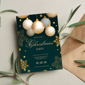 May include: A Christmas party invitation with a dark teal background and gold accents. The invitation features gold snowflake designs, hanging ornaments, and the text "Join us for a Christmas Party". The date is 12/22/22.