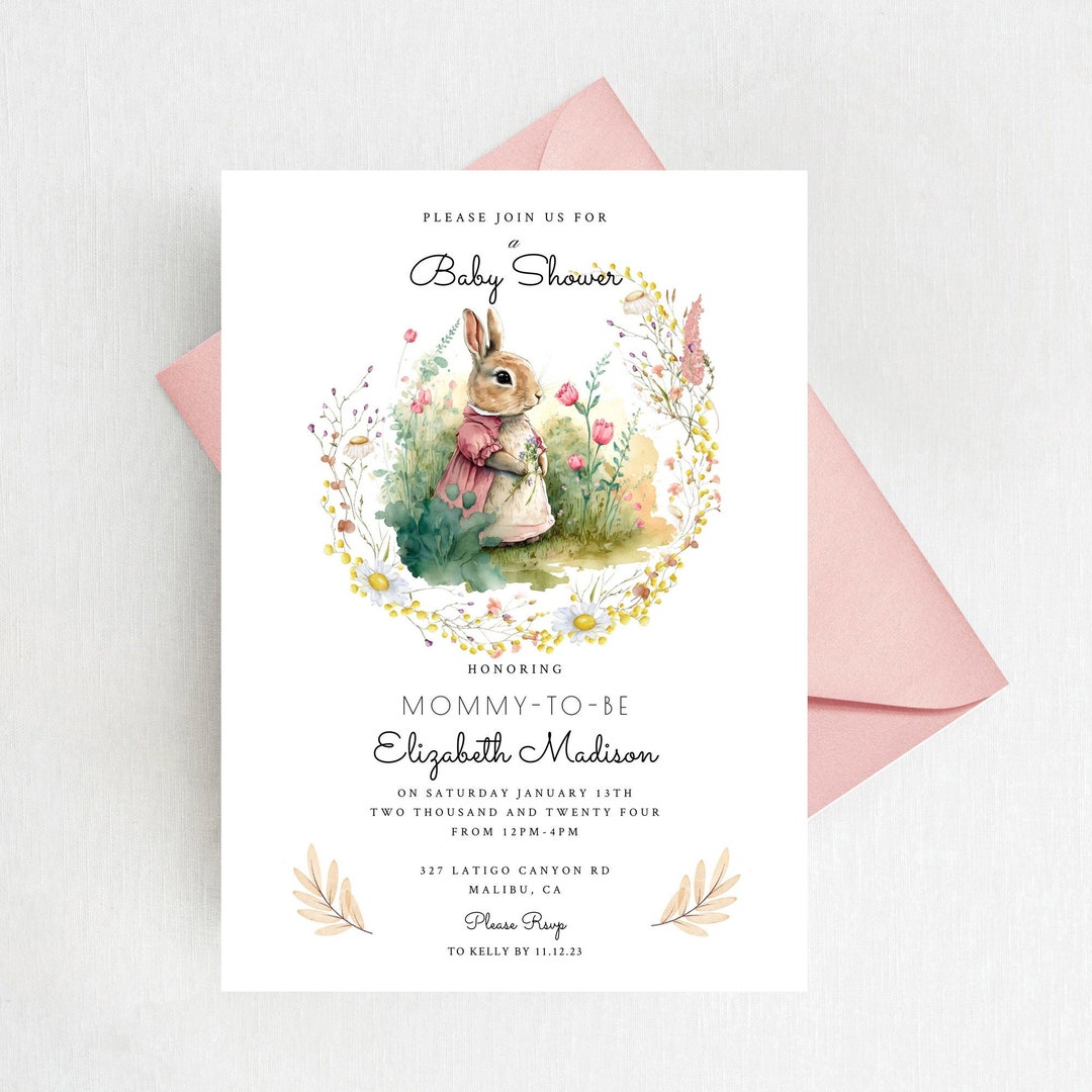 Peter Rabbit Inspired Watercolor Baby Shower Invitation, Girl Baby ...
