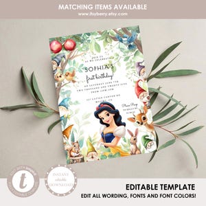 May include: A whimsical invitation featuring Snow White, woodland creatures, and gnomes. The invitation includes the text "Sophia's first birthday!" and event details. The design is surrounded by a lush, green forest background with the text "Editable Template".