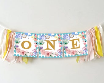 Alice in Wonderland Birthday Banner Template, Alice in Onederland 1st Birthday High Chair Banner, One Birthday Decor, Girl Birthday - AW111