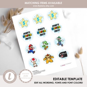 Super Mario Bros Cupcake Toppers Template, Editable Mario Birthday ...