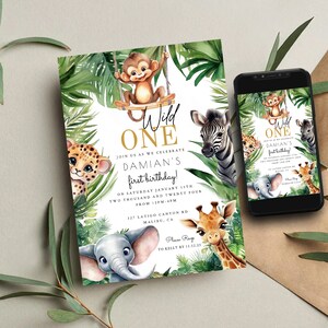 May include: A jungle-themed first birthday invitation with a watercolor illustration of a monkey, zebra, giraffe, elephant, and leopard. The invitation reads "Wild One" and "Join us as we celebrate Damian's first birthday!" with the date and time of the party.