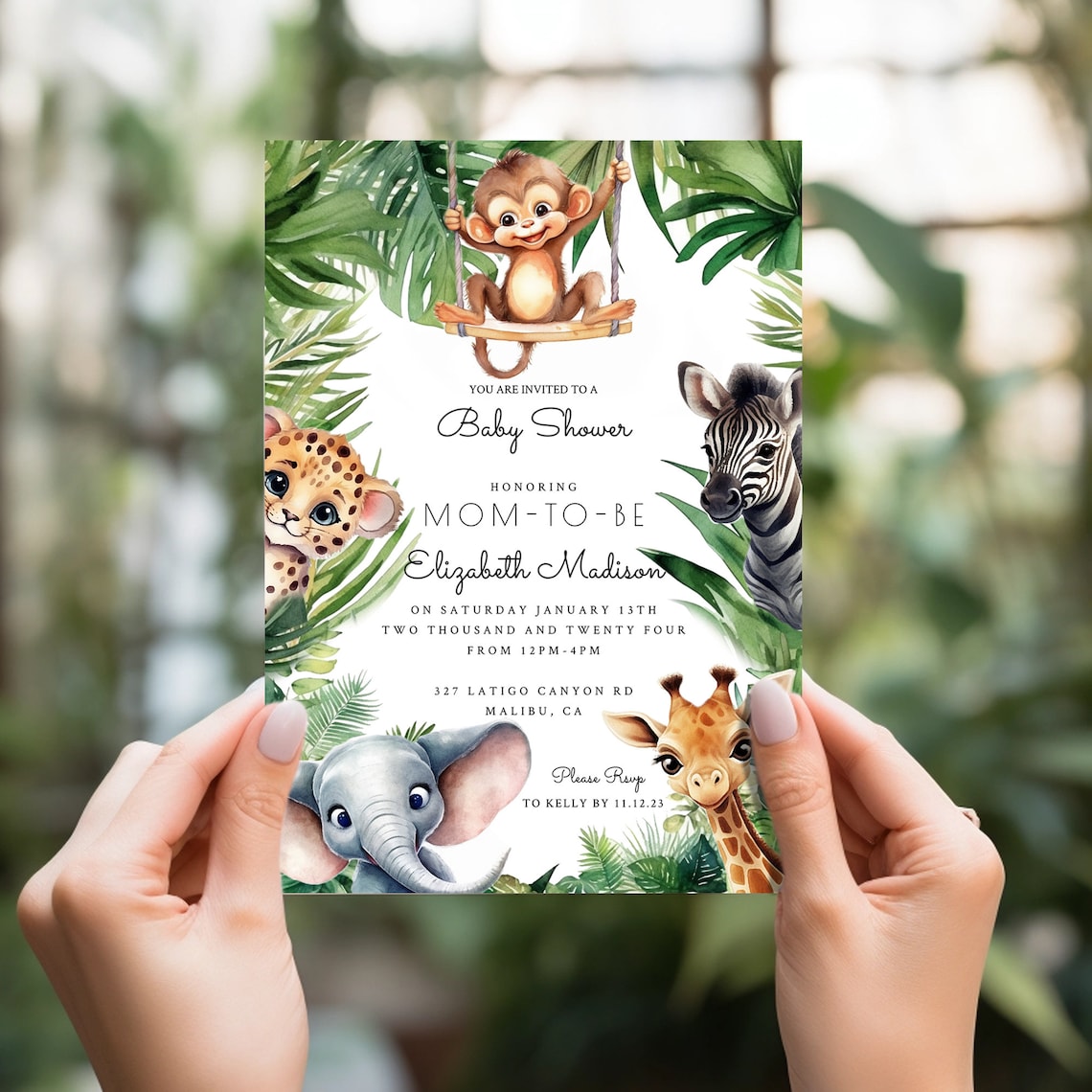Editable Jungle Animal Baby Shower Invitation Greenery, Wild One Invite