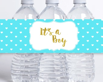 Water Bottle Labels, It's a Boy, Baby Reveal Party, Blue and Gold Glitter, Baby Shower Favors - PRINTABLE - INSTANT DOWNLOAD