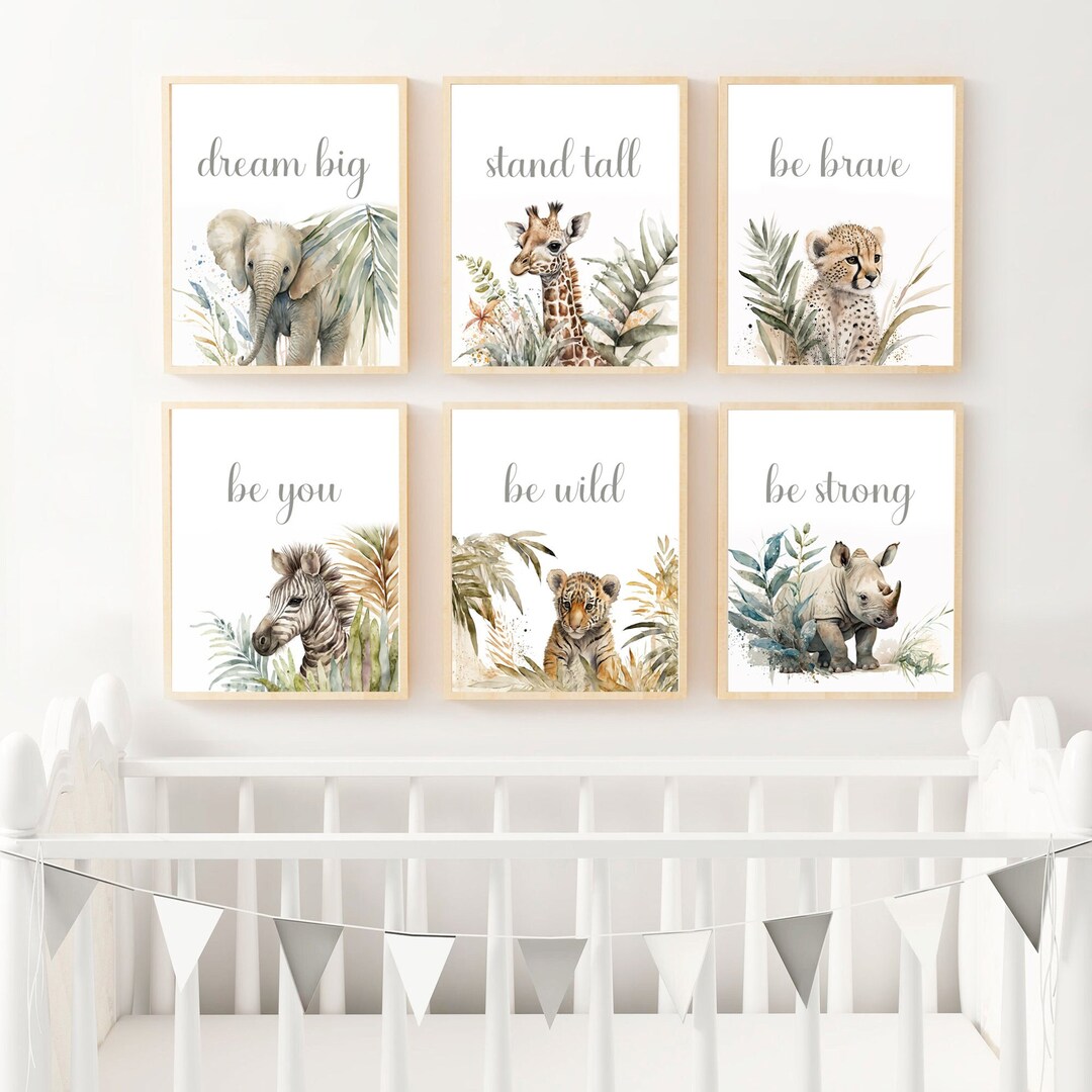 Set of 6 Printable Safari Animal Nursery Décor, Watercolor Animal ...
