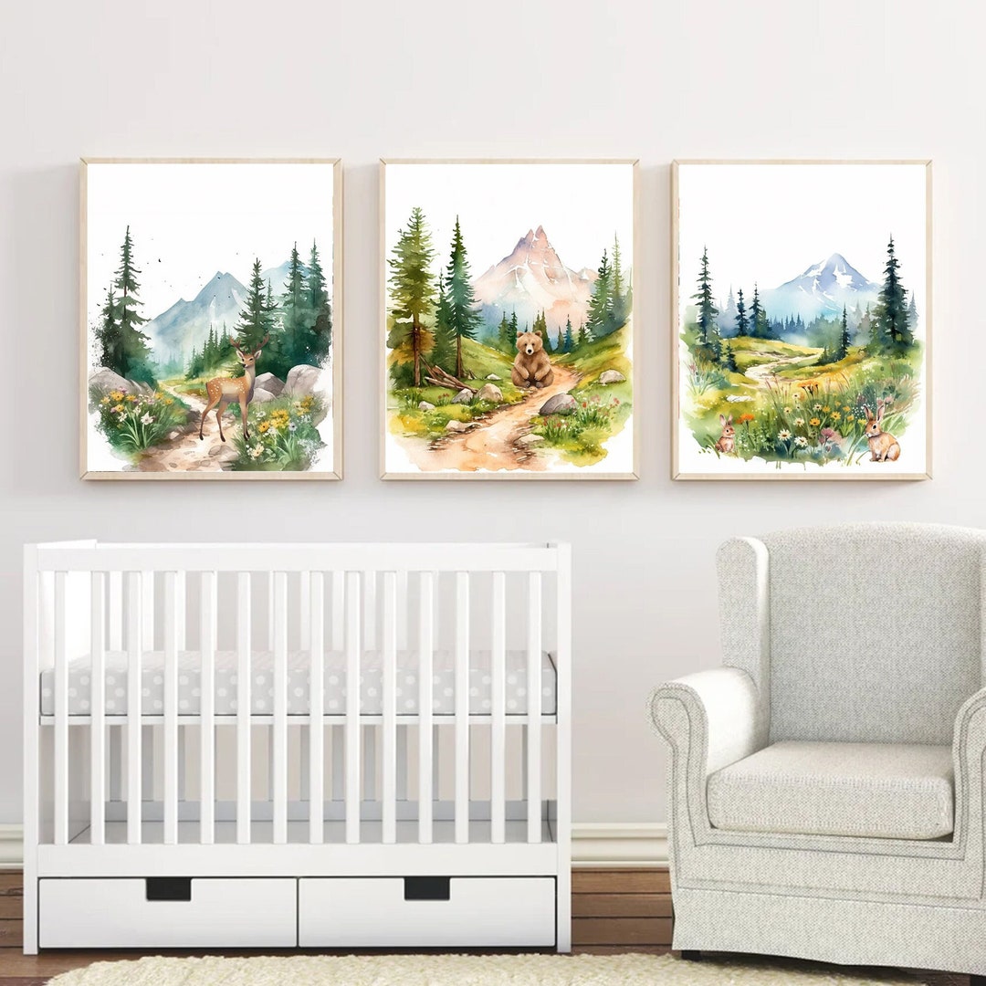 Mountain Nursery Prints Set of 3, Woodland Nursery Decor, Forest Animal ...