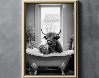 Arte de la pared de la vaca de las tierras altas, impresión del baño de burbujas de la vaca de las tierras altas, impresión animal del baño, arte moderno de la granja, decoración de la pared del baño, decoración de la casa del campo