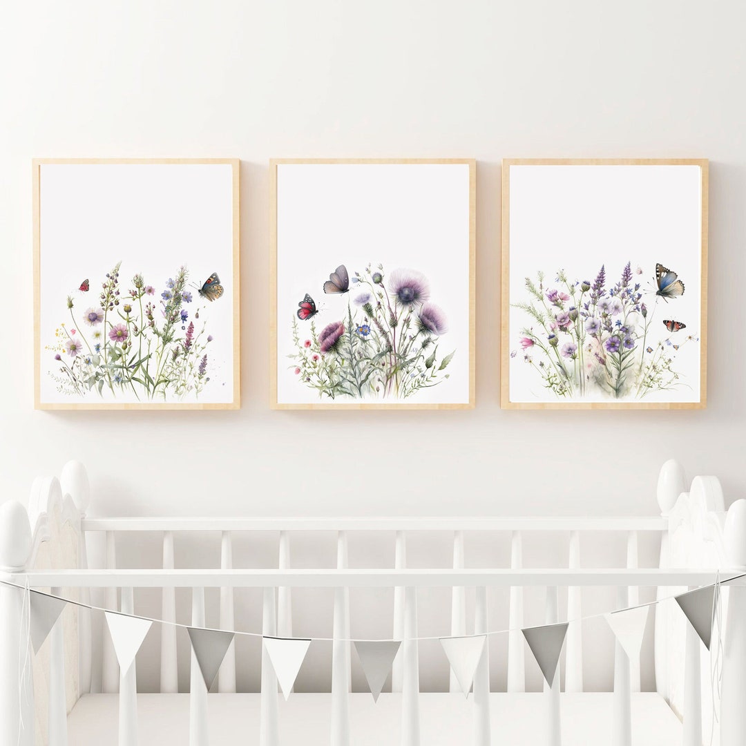 Set of 3 Wildflowers and Butterflies Prints for Girls Room | Watercolor ...