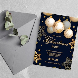 Może przedstawiać: Ciemnoniebieskie zaproszenie na przyjęcie świąteczne ze złotymi i białymi ozdobami oraz płatkami śniegu. Tekst brzmi: JOIN US FOR A Christmas PARTY, AT SEVEN O'CLOCK IN THE EVENING, ATLASSIAN CORPORATE OFFICE, 350 BUSH STREET, FLOOR 13, SAN FRANCISCO, CA, 12 | 22 | 22, RSVP TO OLIVIA AT 888-888-8888.