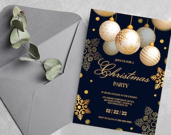 May include: A dark blue Christmas party invitation card featuring gold and white ornaments and snowflakes. The text reads: JOIN US FOR A Christmas PARTY, AT SEVEN O'CLOCK IN THE EVENING, ATLASSIAN CORPORATE OFFICE, 350 BUSH STREET, FLOOR 13, SAN FRANCISCO, CA, 12 | 22 | 22, RSVP TO OLIVIA AT 888-888-8888.
