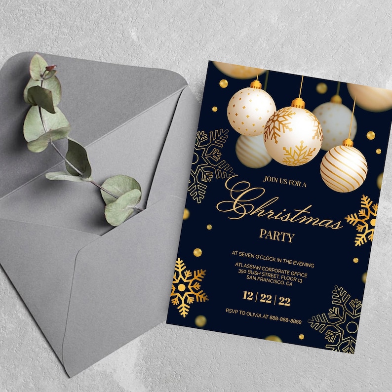 Może przedstawiać: Ciemnoniebieskie zaproszenie na przyjęcie świąteczne ze złotymi i białymi ozdobami oraz płatkami śniegu. Tekst brzmi: JOIN US FOR A Christmas PARTY, AT SEVEN O'CLOCK IN THE EVENING, ATLASSIAN CORPORATE OFFICE, 350 BUSH STREET, FLOOR 13, SAN FRANCISCO, CA, 12 | 22 | 22, RSVP TO OLIVIA AT 888-888-8888.