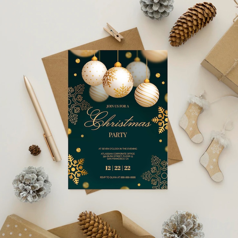 May include: A Christmas party invitation with a dark green background, gold accents, and hanging ornaments. The invitation text reads "Join us for a Christmas Party" with event details. Decorative snowflakes and a festive theme.