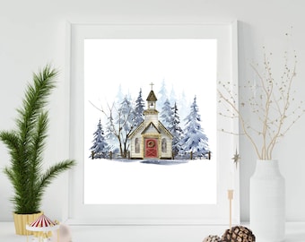 Christmas Church Printable, Christmas Wall Art, Farmhouse Christmas Decor, Winter Wonderland Prints, Holiday Home Decor - INSTANT DOWNLOAD