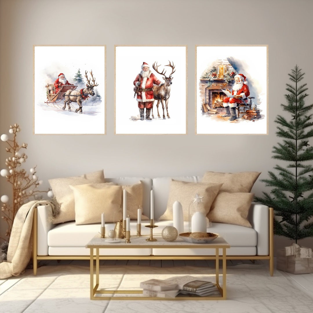 Santa Claus Christmas Wall Art Prints Set of 3, Cozy Christmas Home