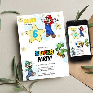 May include: A Super Mario Bros. themed birthday party invitation for a 6-year-old boy named Oliver. The invitation features a yellow star with the number 6, Mario, Luigi, and Yoshi. The invitation says "Join us for a Super Party!" and includes the address and RSVP information.