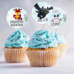 May include: Cupcakes with light blue frosting and decorative sprinkles. Each cupcake has a round topper with a dragon graphic. One topper says "Dragon Riders!" and another has the name "Jacob". The cupcakes are in paper liners.