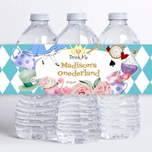 Alice in Wonderland Water Bottle Label Template, Editable Alice in Onederland 1st Birthday Bottle Labels, One Birthday Decor - AW111