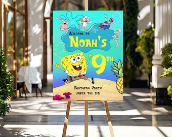 Sponge Birthday Party Welcome Sign Template, Instant Editable Sponge Bob Boy Birthday Party Sign, Printable Kids Party Sign - SBB111
