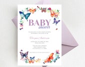 Editable Baby Shower Invitation for Baby Girl, Butterflies Girl Baby Shower Invite, Spring Baby Sprinkle, Gender Reveal Invitations
