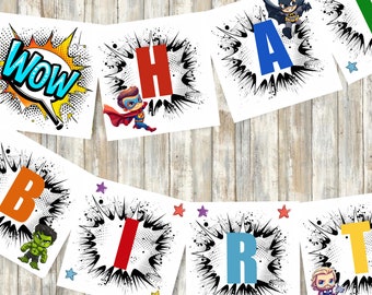Può includere: Uno striscione di compleanno a tema supereroi con lettere colorate che compongono la scritta "Buon compleanno". Ogni lettera è circondata da un'esplosione in stile fumetto in bianco e nero. Lo striscione presenta vari personaggi di supereroi, tra cui Hulk, Thor, Batman e Capitan America.