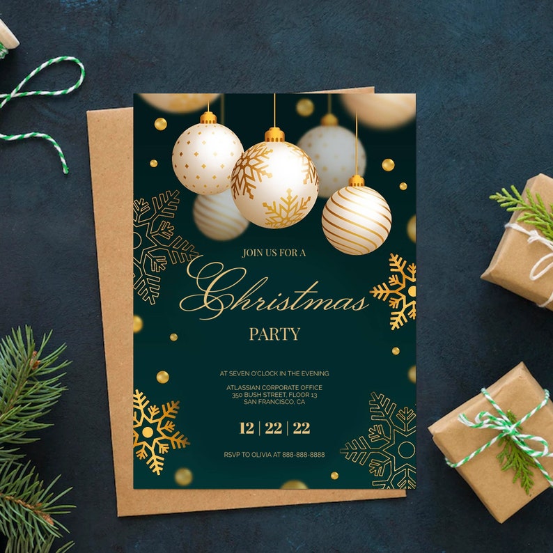 May include: A Christmas party invitation with a dark green background, gold accents, and white and gold ornaments. The invitation includes the text "Join us for a Christmas Party" and event details.