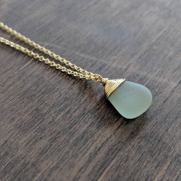 Hawaii, Sea Glass Necklace, Hawaiian Sea Glass, Beach Jewelry, Beach Necklace, Green Pendant, Light Green Pendant, Natural, Gold Filled